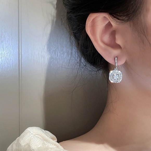 Any 2/$20! Silver Square Crystal Pave Drop Stud Earrings - Picture 3 of 6